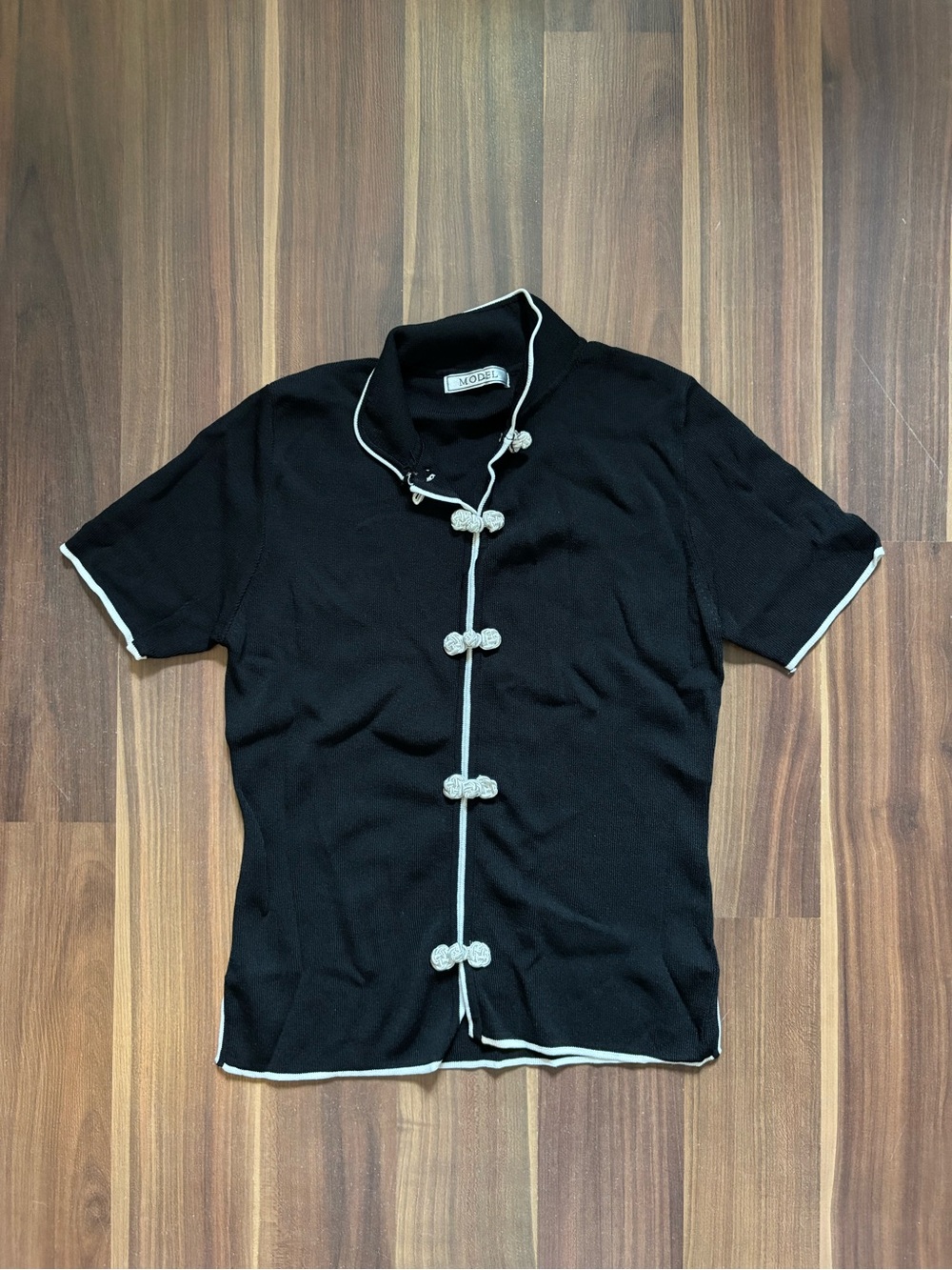 Black Short-Sleeve Mandarin Collar Top with White Trim